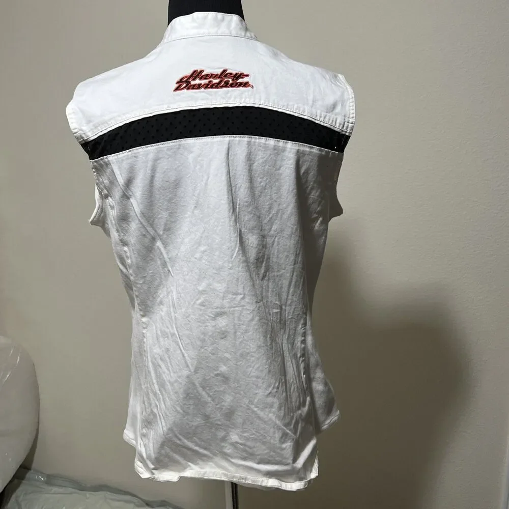 Harley Davidson Vest White Sleeveless Motorcycle Biker Y2K Embroidered Womens L - Picture 9 of 9
